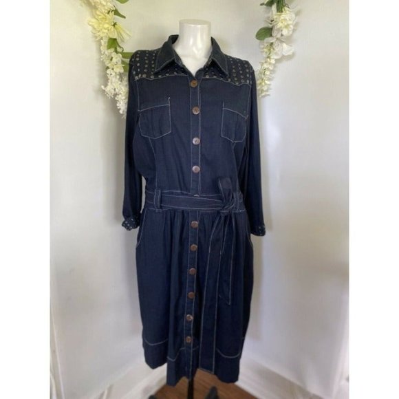 Vtg Stetson 3/4 Sleeve Studded Western Jean Dress - Picture 2 of 10